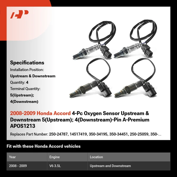 2008-2009 Honda Accord 4-Pc Oxygen Sensor Upstream & Downstream 5(Upstream); 4(Downstream)-Pin A-Premium APOS1213