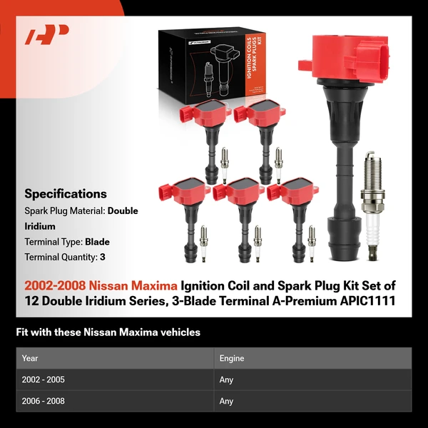 2002-2008 Nissan Maxima Ignition Coil and Spark Plug Kit Set of 12 Double Iridium Series, 3-Blade Terminal A-Premium APIC1111