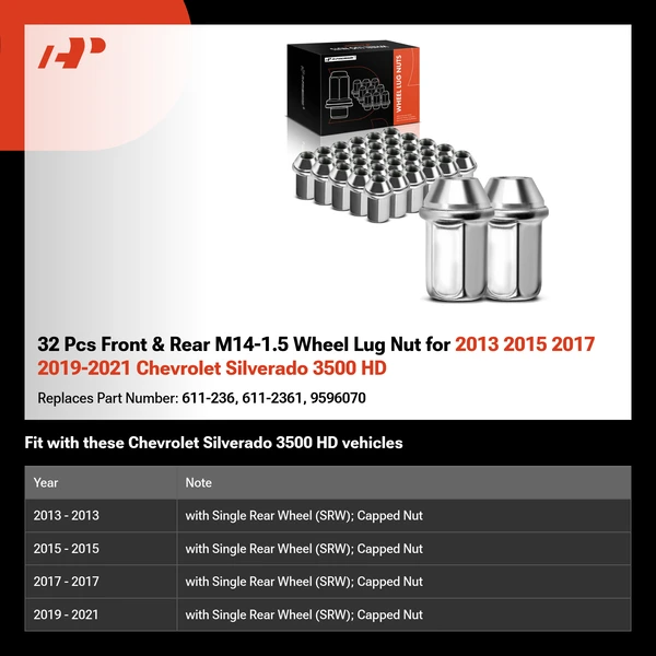 32 Pcs Front & Rear M14-1.5 Wheel Lug Nut for 2013 2015 2017 2019-2021 Chevrolet Silverado 3500 HD