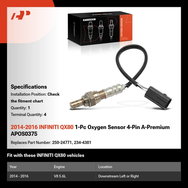 2014-2016 INFINITI QX80 1-Pc Oxygen Sensor 4-Pin A-Premium APOS0375