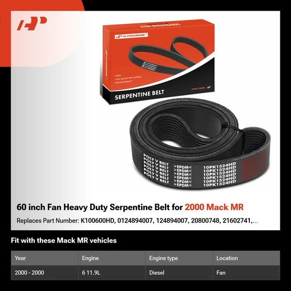 60 inch Fan Heavy Duty Serpentine Belt for 2000 Mack MR
