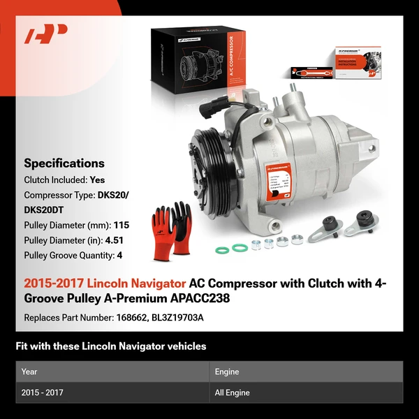 2015-2017 Lincoln Navigator AC Compressor with Clutch with 4-Groove Pulley A-Premium APACC238