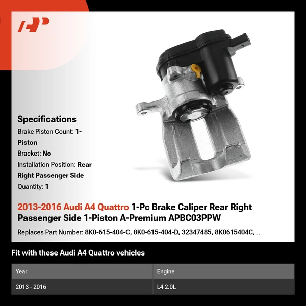 2013-2016 Audi A4 Quattro 1-Pc Brake Caliper Rear Right Passenger Side 1-Piston A-Premium APBC03PPW
