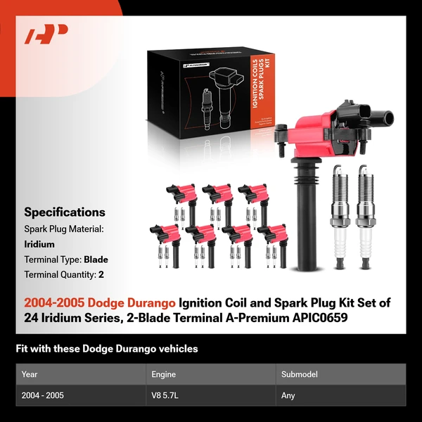 2004-2005 Dodge Durango Ignition Coil and Spark Plug Kit Set of 24 Iridium Series, 2-Blade Terminal A-Premium APIC0659