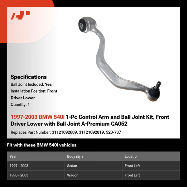 1997-2003 BMW 540i 1-Pc Control Arm and Ball Joint Kit, Front Driver Lower with Ball Joint A-Premium CA052