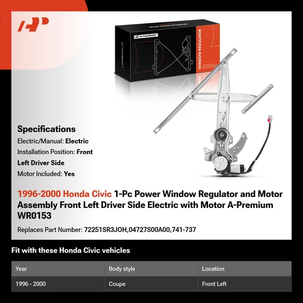 1996-2000 Honda Civic 1-Pc Power Window Regulator and Motor Assembly Front Left Driver Side Electric with Motor A-Premium WR0153