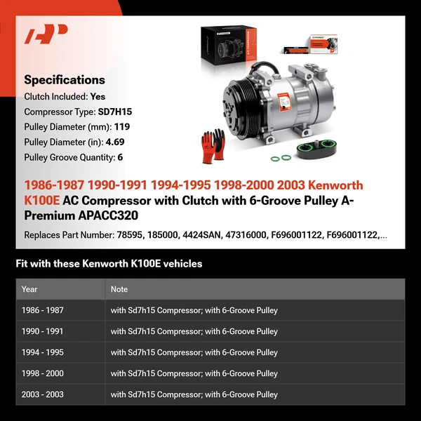 1986-1987 1990-1991 1994-1995 1998-2000 2003 Kenworth K100E AC Compressor with Clutch with 6-Groove Pulley A-Premium APACC320