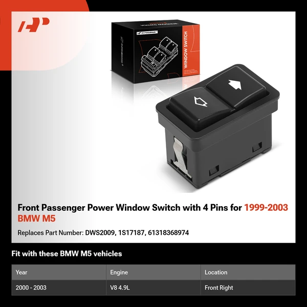 Front Passenger Power Window Switch with 4 Pins for 1999-2003 BMW M5
