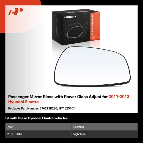 Passenger Mirror Glass with Power Glass Adjust for 2011-2013 Hyundai Elantra