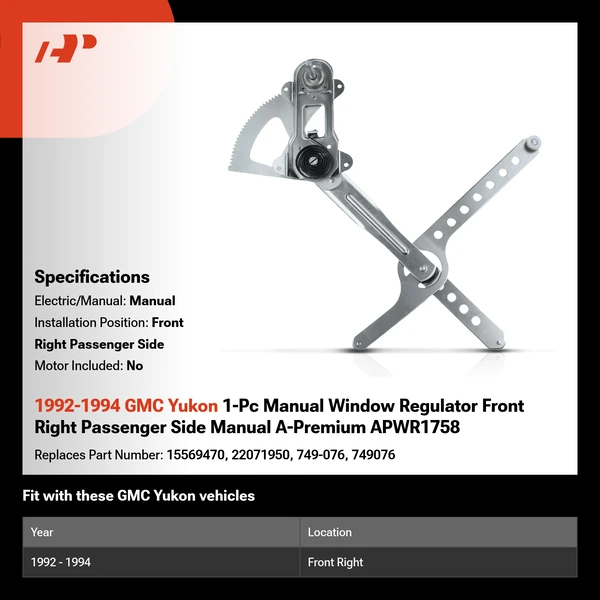 1992-1994 GMC Yukon 1-Pc Manual Window Regulator Front Right Passenger Side Manual A-Premium APWR1758