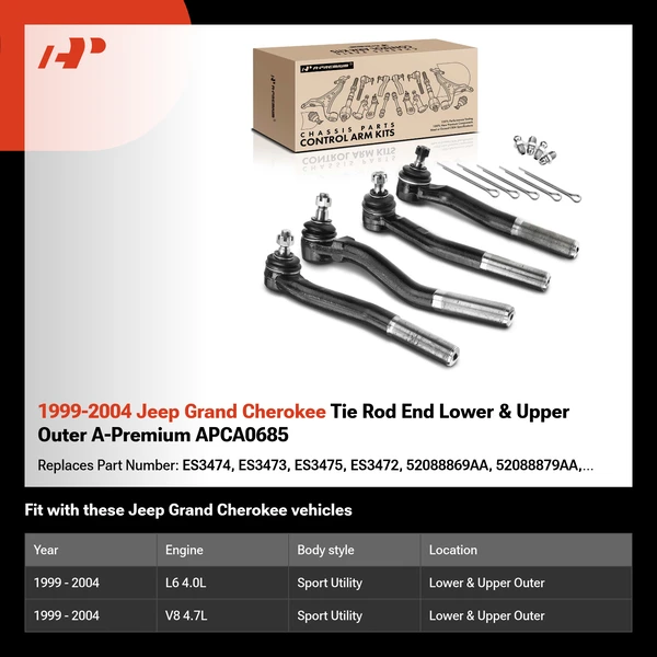 1999-2004 Jeep Grand Cherokee Tie Rod End Lower & Upper Outer A-Premium APCA0685