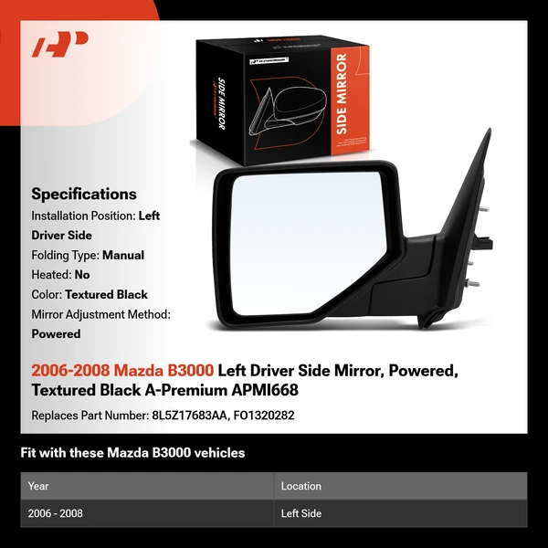 2006-2008 Mazda B3000 Left Driver Side Mirror, Powered, Textured Black A-Premium APMI668