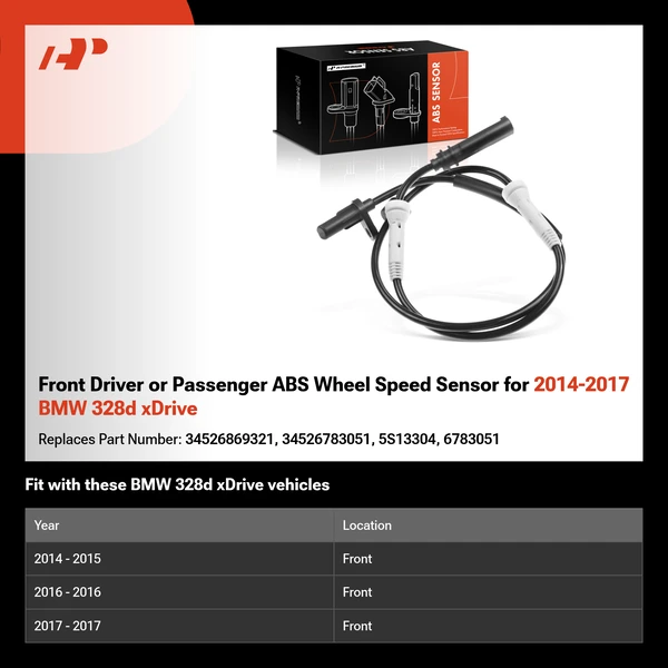 Front Driver or Passenger ABS Wheel Speed Sensor for 2014-2017 BMW 328d xDrive