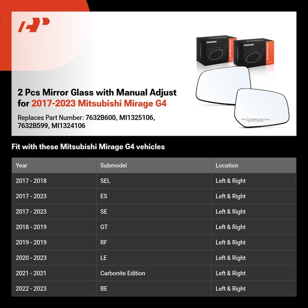 2 Pcs Mirror Glass with Manual Adjust for 2017-2023 Mitsubishi Mirage G4