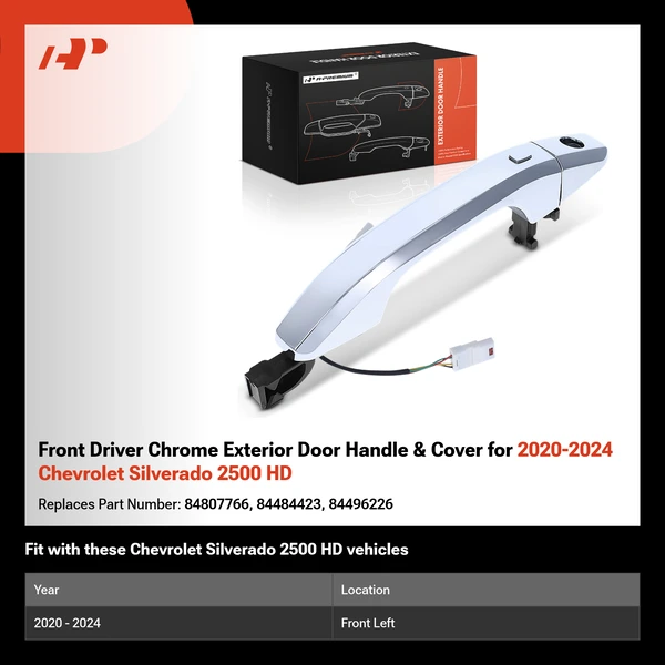 Front Driver Chrome Exterior Door Handle & Cover for 2020-2024 Chevrolet Silverado 2500 HD