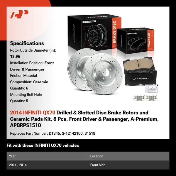 2014 INFINITI QX70 Drilled & Slotted Disc Brake Rotors and Ceramic Pads Kit, 6 Pcs, Front Driver & Passenger, A-Premium, APBRPS1510