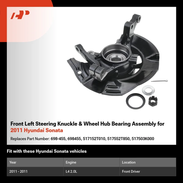 Front Left Steering Knuckle & Wheel Hub Bearing Assembly for 2011 Hyundai Sonata