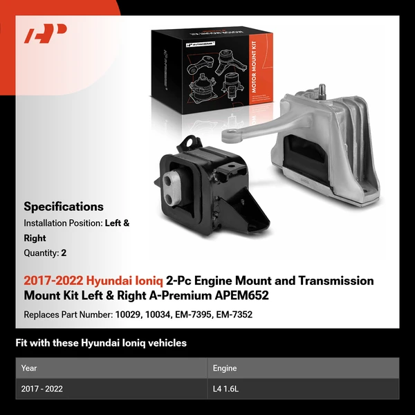2017-2022 Hyundai Ioniq 2-Pc Engine Mount and Transmission Mount Kit Left & Right A-Premium APEM652