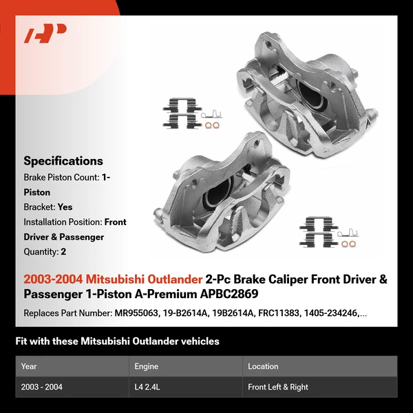 2003-2004 Mitsubishi Outlander 2-Pc Brake Caliper Front Driver & Passenger 1-Piston A-Premium APBC2869