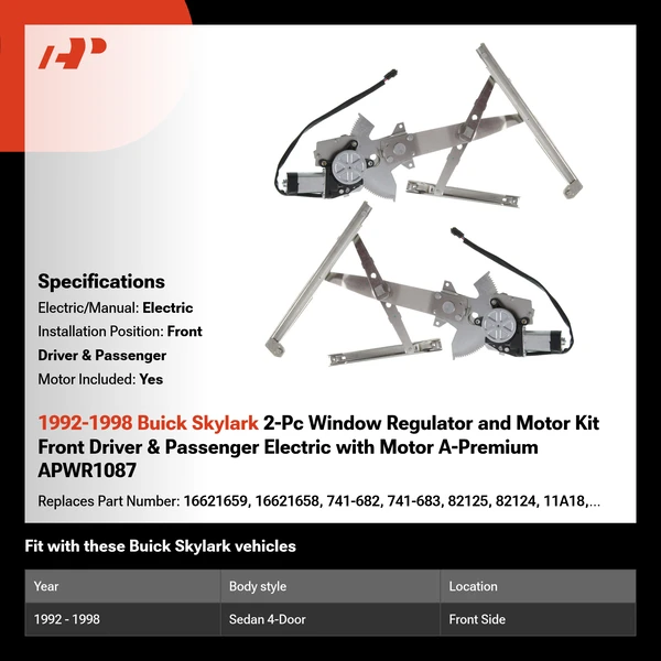 1992-1998 Buick Skylark 2-Pc Window Regulator and Motor Kit Front Driver & Passenger Electric with Motor A-Premium APWR1087