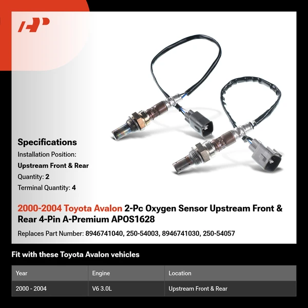 2000-2004 Toyota Avalon 2-Pc Oxygen Sensor Upstream Front & Rear 4-Pin A-Premium APOS1628