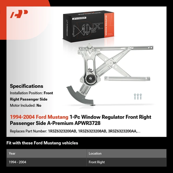 1994-2004 Ford Mustang 1-Pc Window Regulator Front Right Passenger Side A-Premium APWR3728