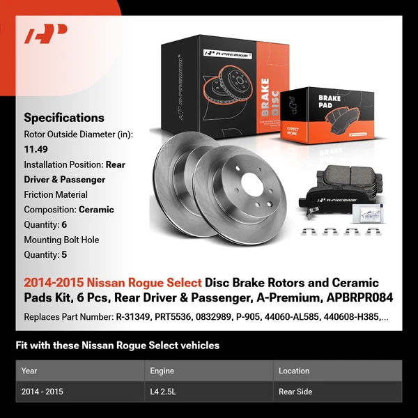 2014-2015 Nissan Rogue Select Disc Brake Rotors and Ceramic Pads Kit, 6 Pcs, Rear Driver & Passenger, A-Premium, APBRPR084