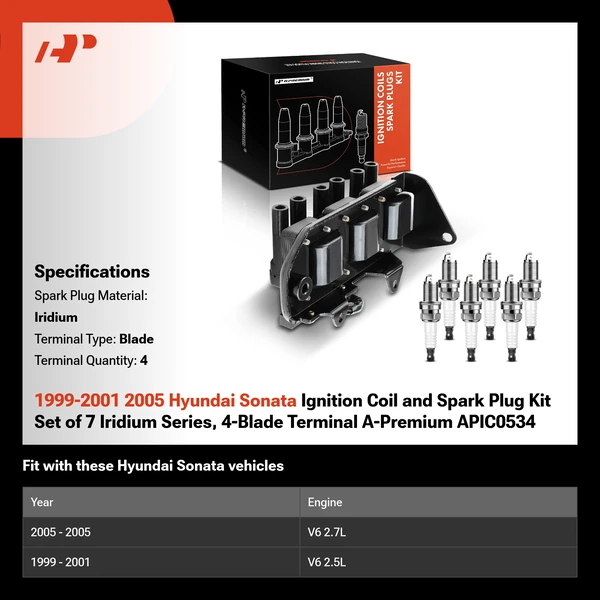 1999-2001 2005 Hyundai Sonata Ignition Coil and Spark Plug Kit Set of 7 Iridium Series, 4-Blade Terminal A-Premium APIC0534