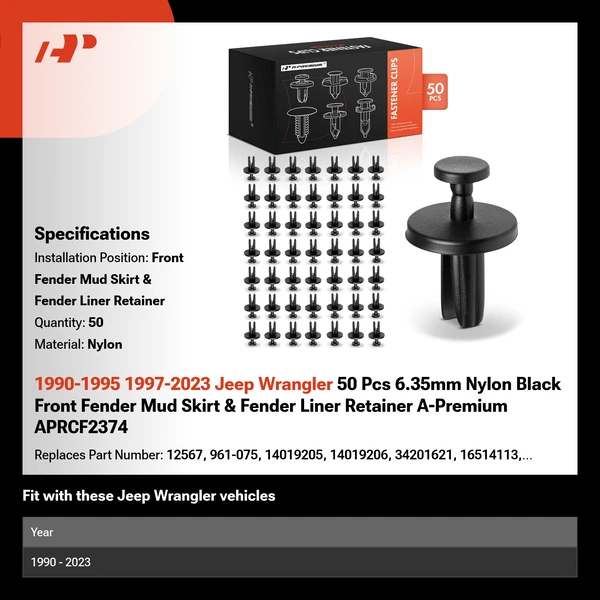 1990-1995 1997-2023 Jeep Wrangler 50 Pcs 6.35mm Nylon Black Front Fender Mud Skirt & Fender Liner Retainer A-Premium APRCF2374