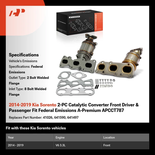 2014-2019 Kia Sorento 2-PC Catalytic Converter Front Driver & Passenger Fit Federal Emissions A-Premium APCCT787