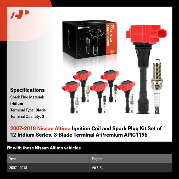 2007-2018 Nissan Altima Ignition Coil and Spark Plug Kit Set of 12 Iridium Series, 3-Blade Terminal A-Premium APIC1195