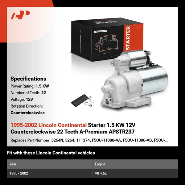 1995-2002 Lincoln Continental Starter 1.5 KW 12V Counterclockwise 22 Teeth A-Premium APSTR237