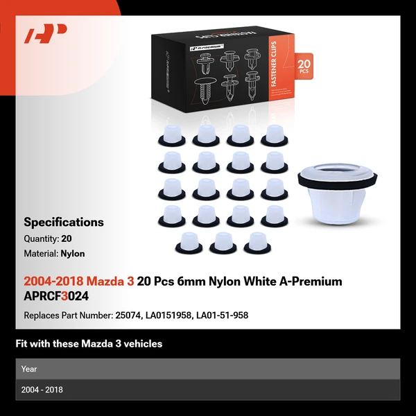 2004-2018 Mazda 3 20 Pcs 6mm Nylon White A-Premium APRCF3024
