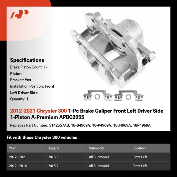 2012-2021 Chrysler 300 1-Pc Brake Caliper Front Left Driver Side 1-Piston A-Premium APBC2955