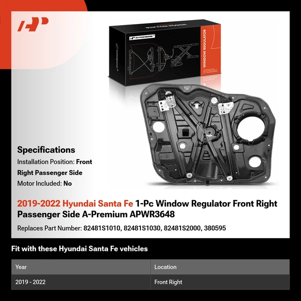 2019-2022 Hyundai Santa Fe 1-Pc Window Regulator Front Right Passenger Side A-Premium APWR3648