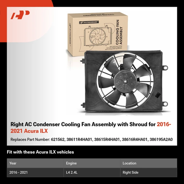Right AC Condenser Cooling Fan Assembly with Shroud for 2016-2021 Acura ILX