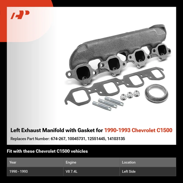 Left Exhaust Manifold with Gasket for 1990-1993 Chevrolet C1500