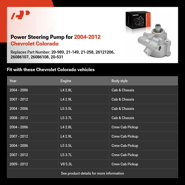 Power Steering Pump for 2004-2012 Chevrolet Colorado