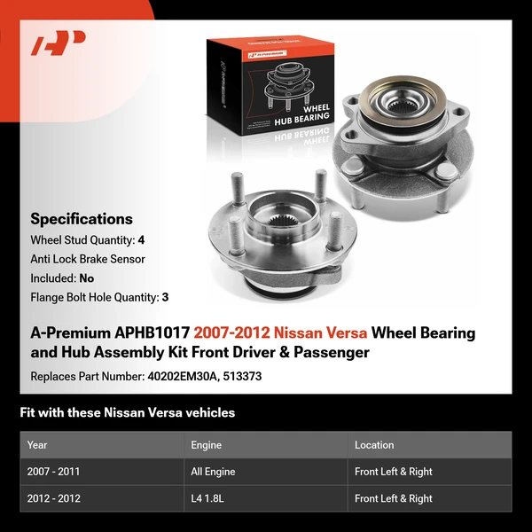 A-Premium APHB1017 2007-2012 Nissan Versa Wheel Bearing and Hub Assembly Kit Front Driver & Passenger