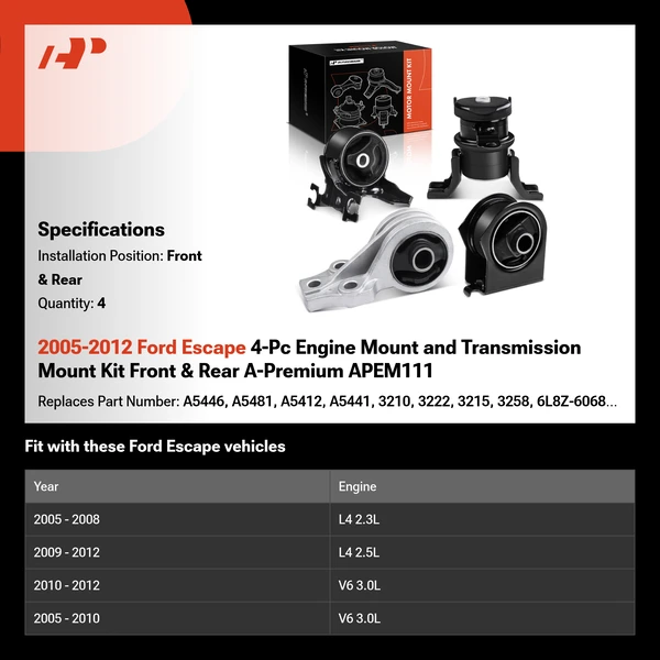 2005-2012 Ford Escape 4-Pc Engine Mount and Transmission Mount Kit Front & Rear A-Premium APEM111