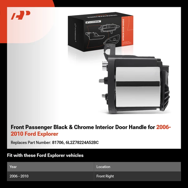 Front Passenger Black & Chrome Interior Door Handle for 2006-2010 Ford Explorer