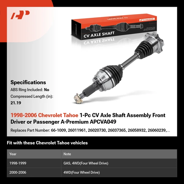 1998-2006 Chevrolet Tahoe 1-Pc CV Axle Shaft Assembly Front Driver or Passenger A-Premium APCVA049
