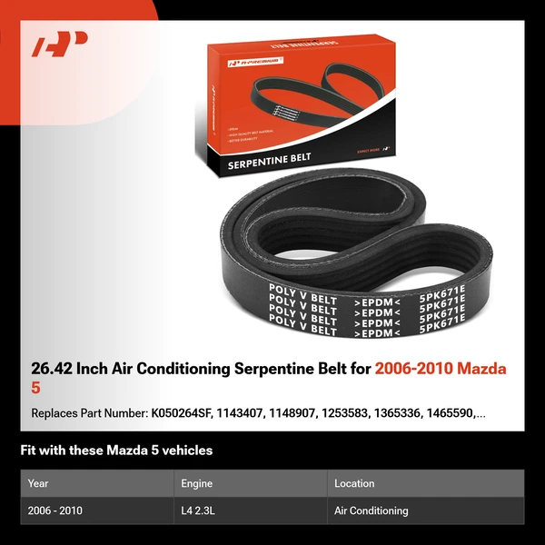 26.42 Inch Air Conditioning Serpentine Belt for 2006-2010 Mazda 5