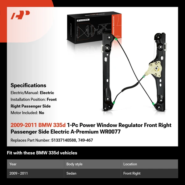 2009-2011 BMW 335d 1-Pc Power Window Regulator Front Right Passenger Side Electric A-Premium WR0077