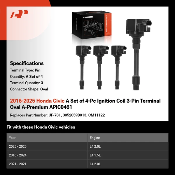 2016-2025 Honda Civic A Set of 4-Pc Ignition Coil 3-Pin Terminal Oval A-Premium APIC0461