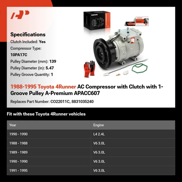 1988-1995 Toyota 4Runner AC Compressor with Clutch with 1-Groove Pulley A-Premium APACC607