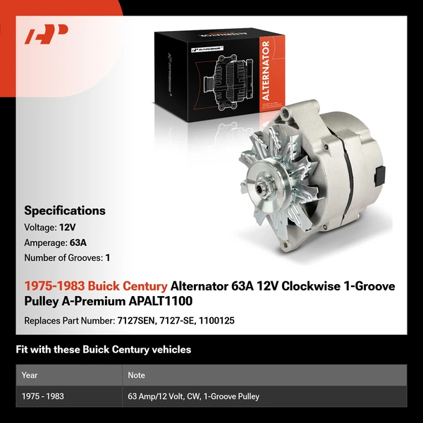 1975-1983 Buick Century Alternator 63A 12V Clockwise 1-Groove Pulley A-Premium APALT1100