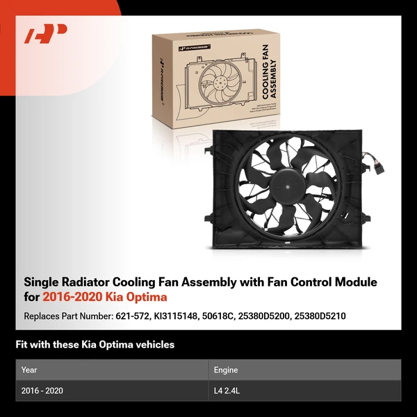 Single Radiator Cooling Fan Assembly with Fan Control Module for 2016-2020 Kia Optima
