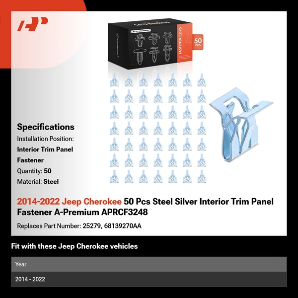 2014-2022 Jeep Cherokee 50 Pcs Steel Silver Interior Trim Panel Fastener A-Premium APRCF3248