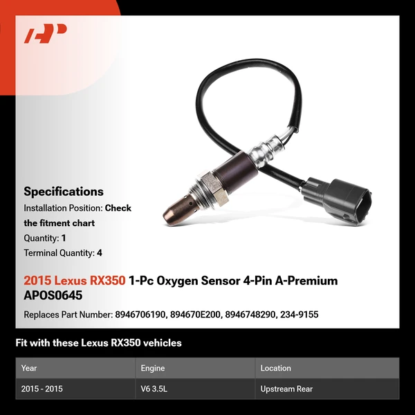 2015 Lexus RX350 1-Pc Oxygen Sensor 4-Pin A-Premium APOS0645